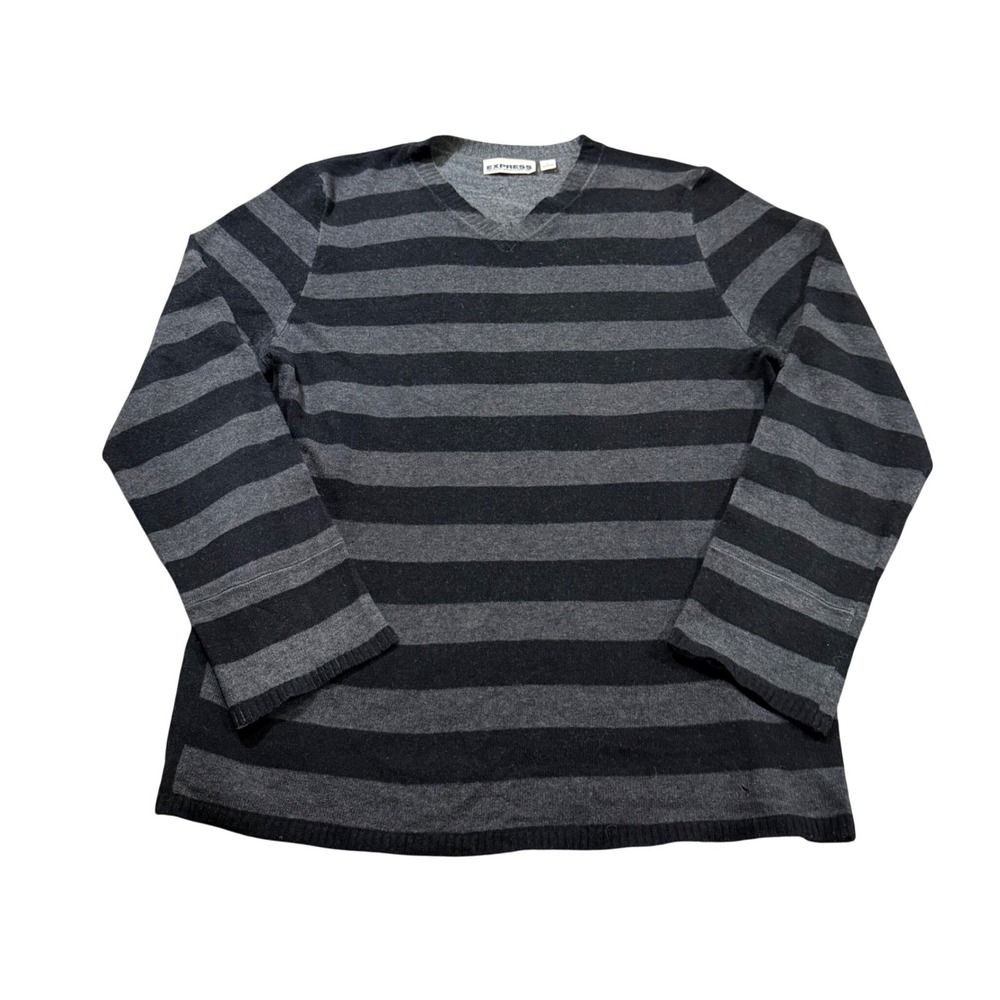 Express Lambswool Striped V-Neck Sweater Grey Academia Preppy Office Grunge M